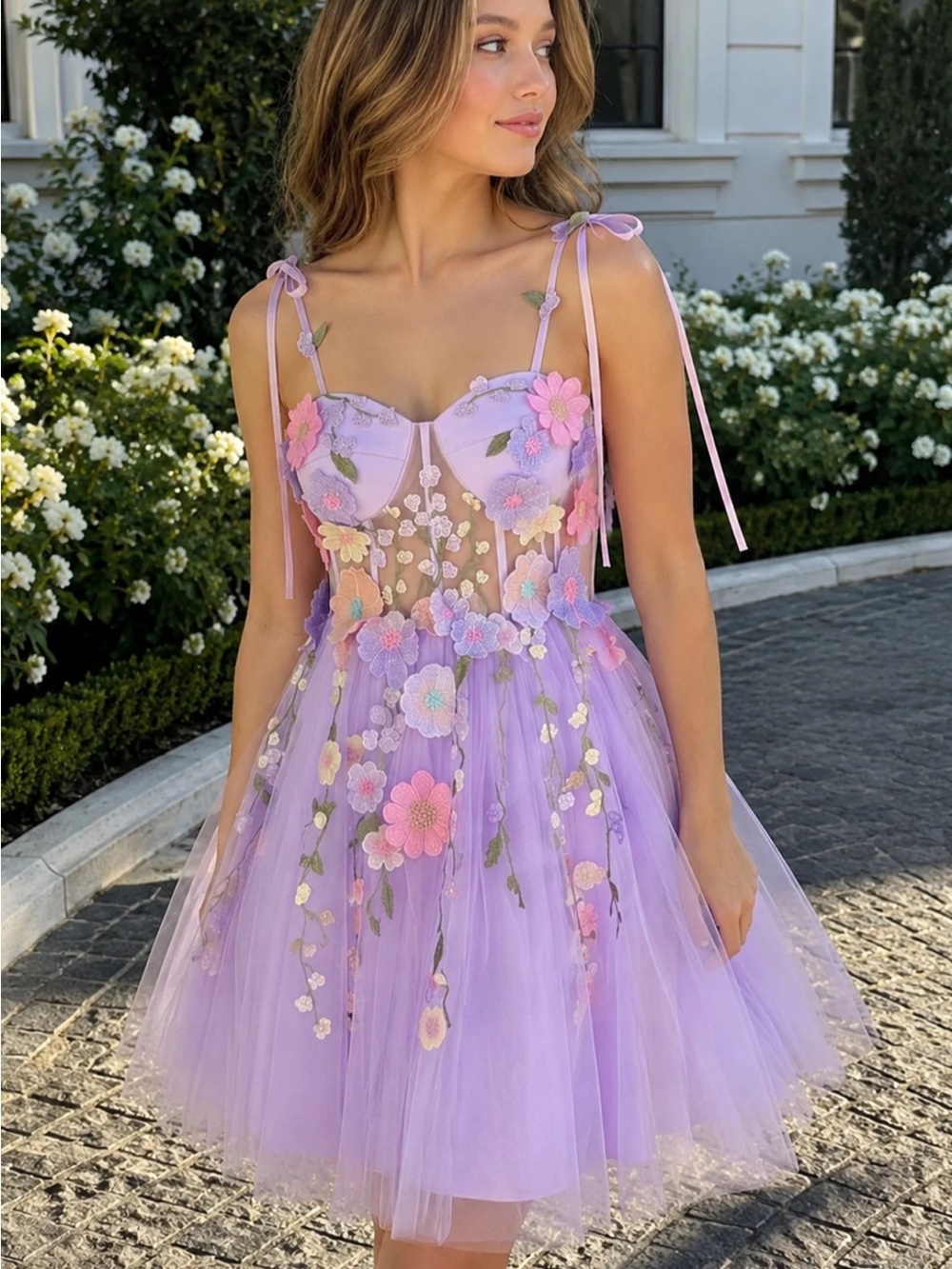 Lilac Floral Appliqué Tulle Mini Dress